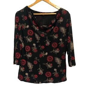 Briggs New York Black and Red Floral Quarter Sleeve Cowl Boatneck Blouse